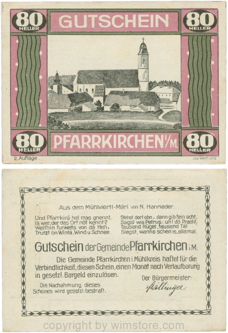Pfarrkirchen im Mühlkreis, G744.2e, 80 Heller, 2. Auflage, Papier weiss, Rahmen weinrot/grün, 1-