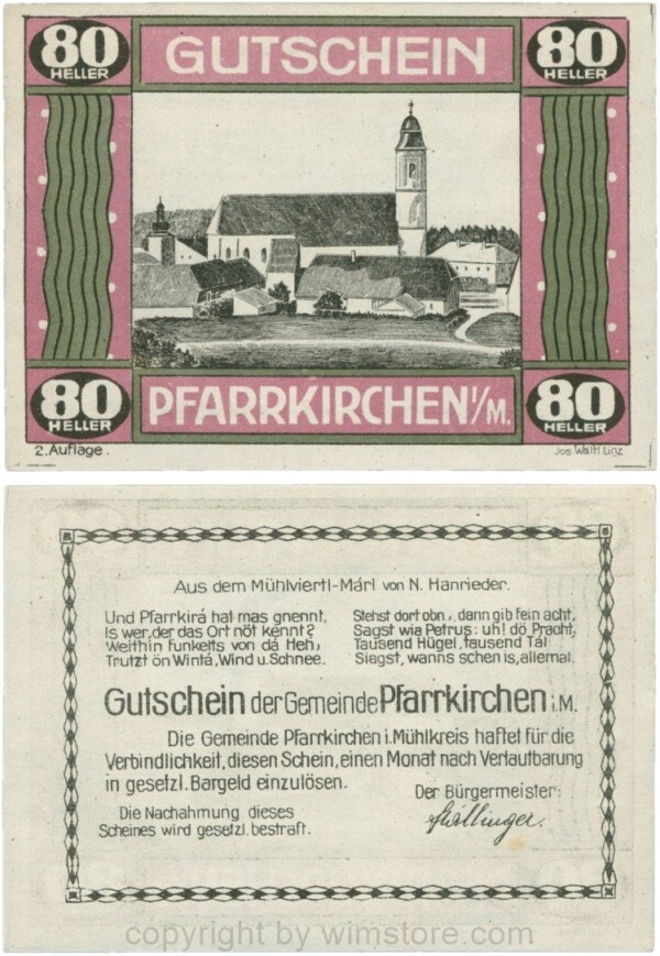 Pfarrkirchen im Mühlkreis, G744.2e, 80 Heller, 2. Auflage, Papier weiss, Rahmen weinrot/grün, 1-