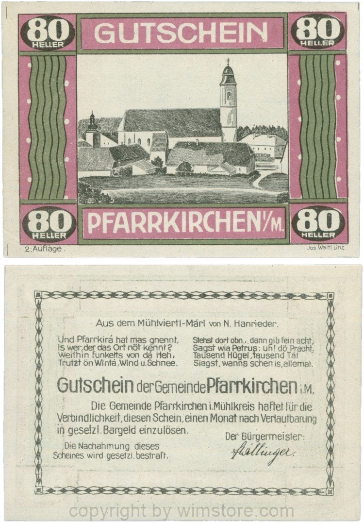 Pfarrkirchen im Mühlkreis, G744.2e, 80 Heller, 2. Auflage, Papier weiss, Rahmen weinrot/grün, 1-