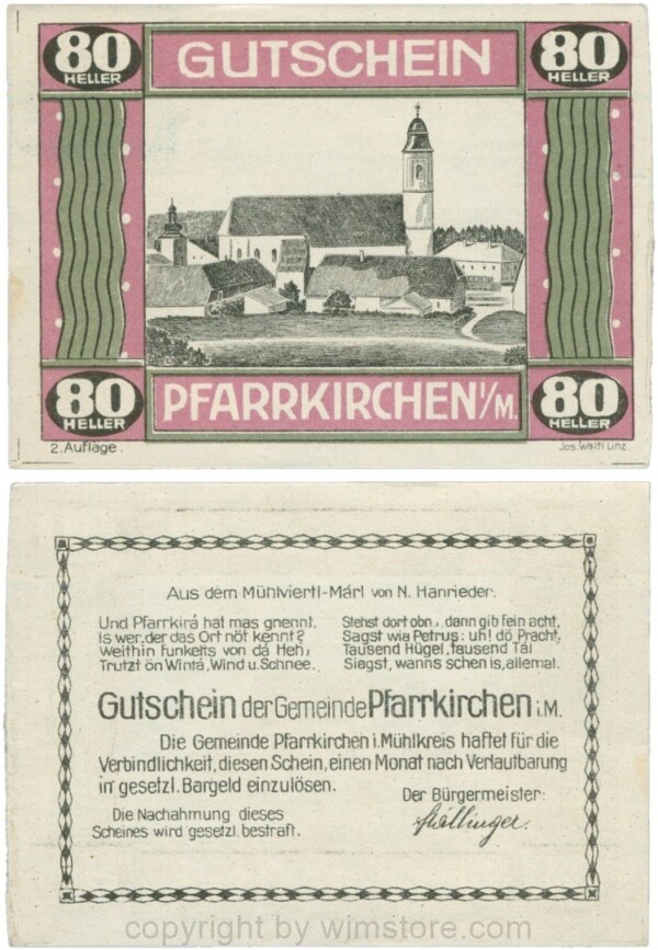 Pfarrkirchen im Mühlkreis, G744.2e, 80 Heller, 2. Auflage, Papier weiss, Rahmen weinrot/grün, 1-