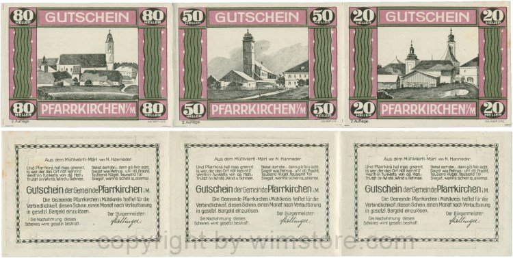 Pfarrkirchen im Mühlkreis, G744.2e, Streifen 80/50/20 Heller, 2. Auflage, Papier weiss, Rahmen weinrot/grün, 1