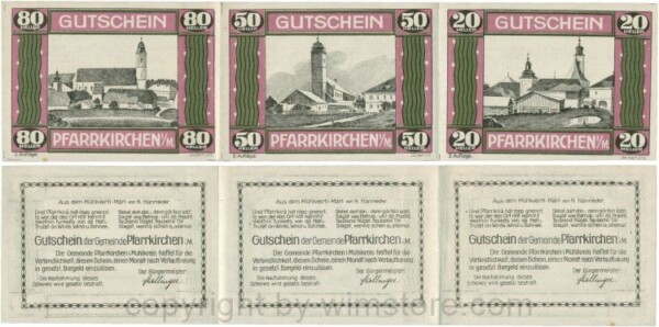 Pfarrkirchen im Mühlkreis, G744.2e, Streifen 80/50/20 Heller, 2. Auflage, Papier weiss, Rahmen weinrot/grün, 1-