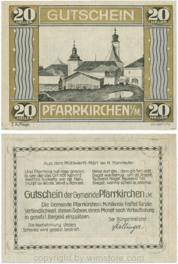 Pfarrkirchen im Mühlkreis, S744.7d, 20 Heller, 2. Auflage, Rahmen gold/blau; 1