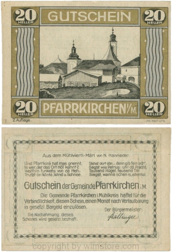 Pfarrkirchen im Mühlkreis, S744.7d, 20 Heller, 2. Auflage, Rahmen gold/blau; 1-