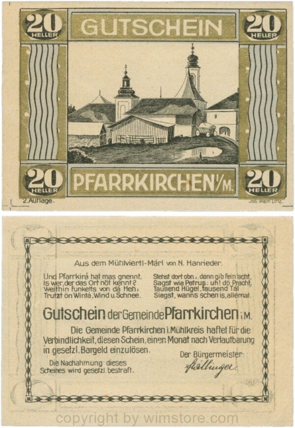 Pfarrkirchen im Mühlkreis, S744.7d, 20 Heller, 2. Auflage, Rahmen gold/blau; 1-