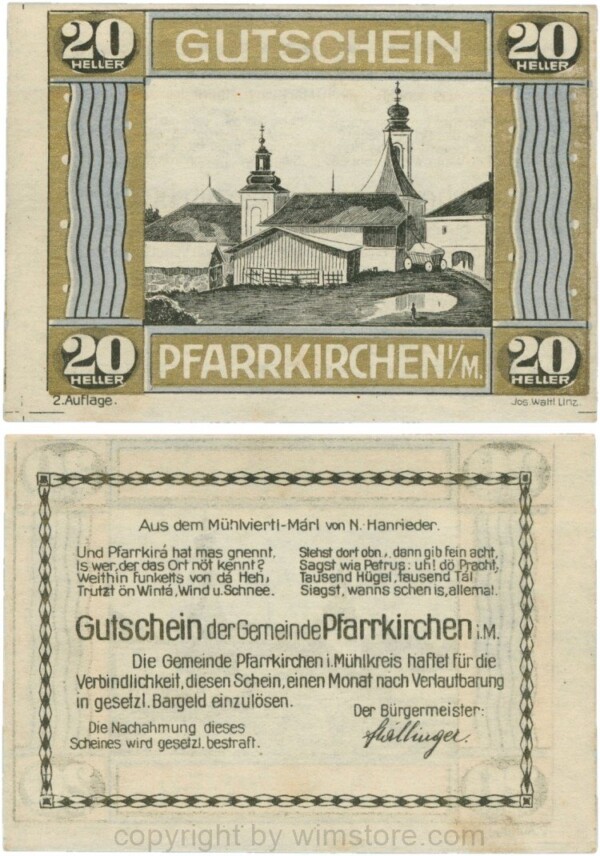 Pfarrkirchen im Mühlkreis, S744.7d, 20 Heller, 2. Auflage, Rahmen gold/blau; 1-