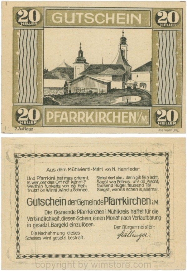 Pfarrkirchen im Mühlkreis, S744.7d, 20 Heller, 2. Auflage, Rahmen gold/blau; 1-