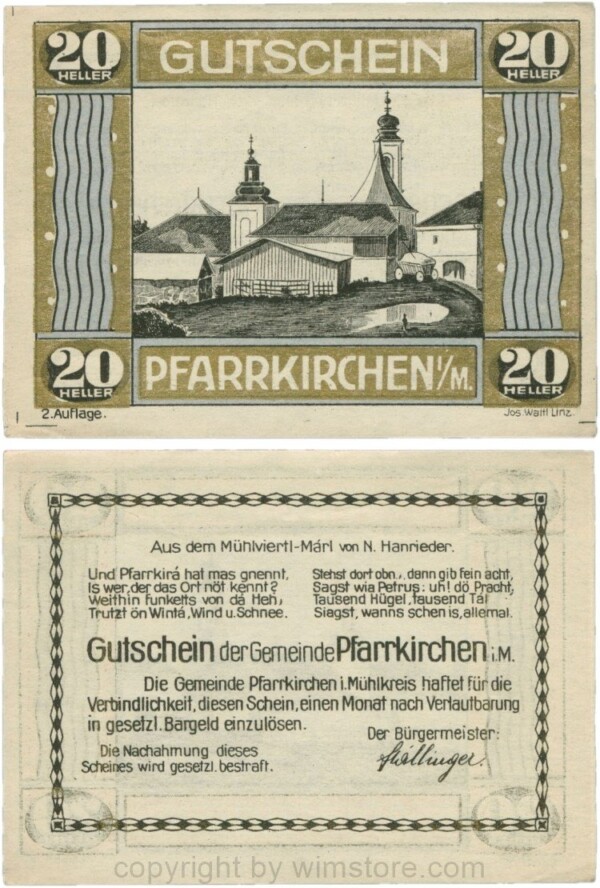 Pfarrkirchen im Mühlkreis, S744.7d, 20 Heller, 2. Auflage, Rahmen gold/blau; 1-
