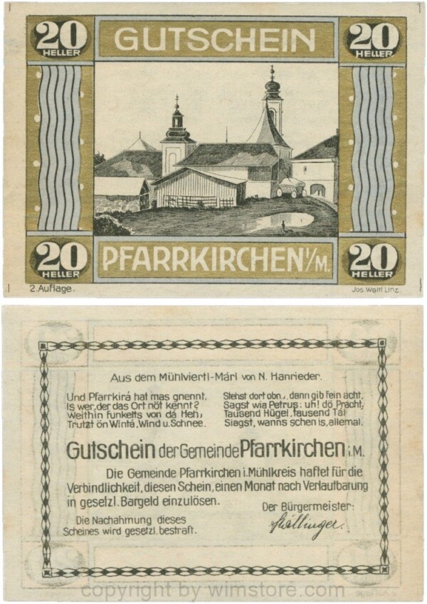 Pfarrkirchen im Mühlkreis, S744.7d, 20 Heller, 2. Auflage, Rahmen gold/blau; 1-