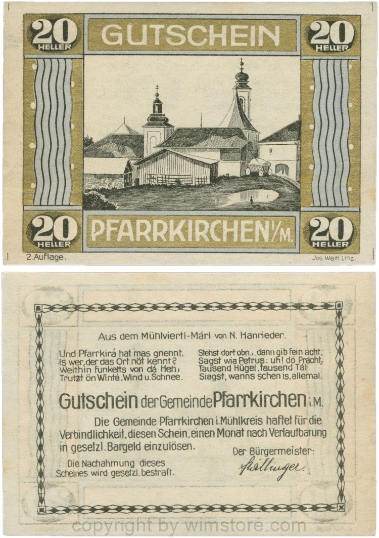Pfarrkirchen im Mühlkreis, S744.7d, 20 Heller, 2. Auflage, Rahmen gold/blau; 1-