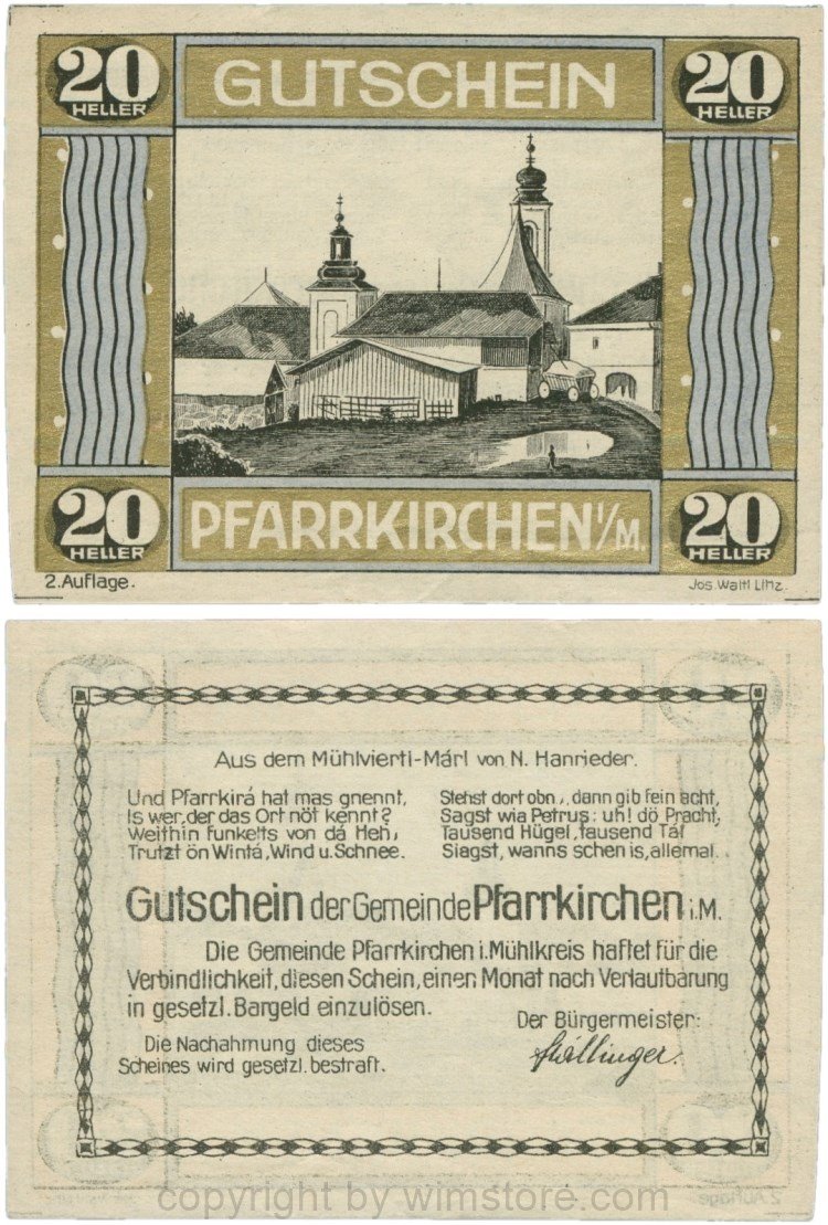 Pfarrkirchen im Mühlkreis, S744.7d, 20 Heller, 2. Auflage, Rahmen gold/blau; 1-