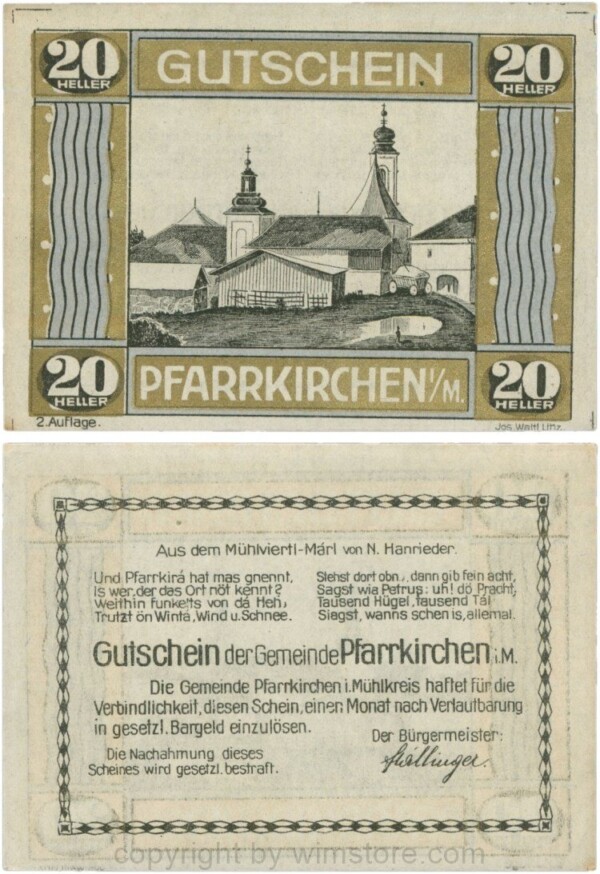 Pfarrkirchen im Mühlkreis, S744.7d, 20 Heller, 2. Auflage, Rahmen gold/blau; 1-