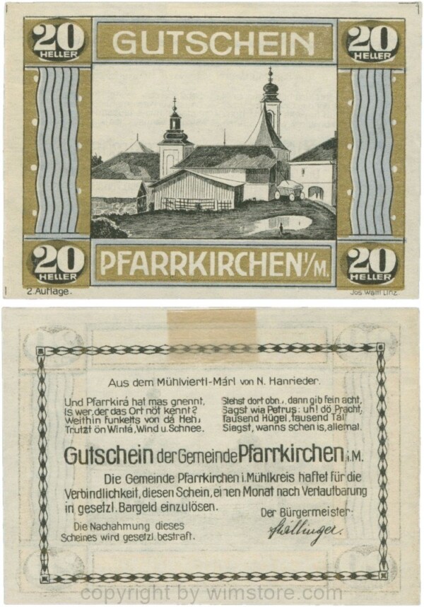 Pfarrkirchen im Mühlkreis, S744.7d, 20 Heller, 2. Auflage, Rahmen gold/blau; 1-, Falz