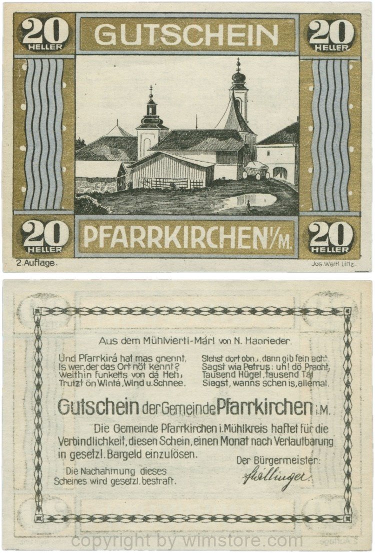 Pfarrkirchen im Mühlkreis, S744.7d, 20 Heller, 2. Auflage, Rahmen gold/blau; 1-