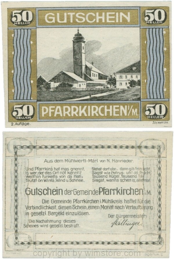 Pfarrkirchen im Mühlkreis, S744.7d, 50 Heller, 2. Auflage, Rahmen gold/blau; 1