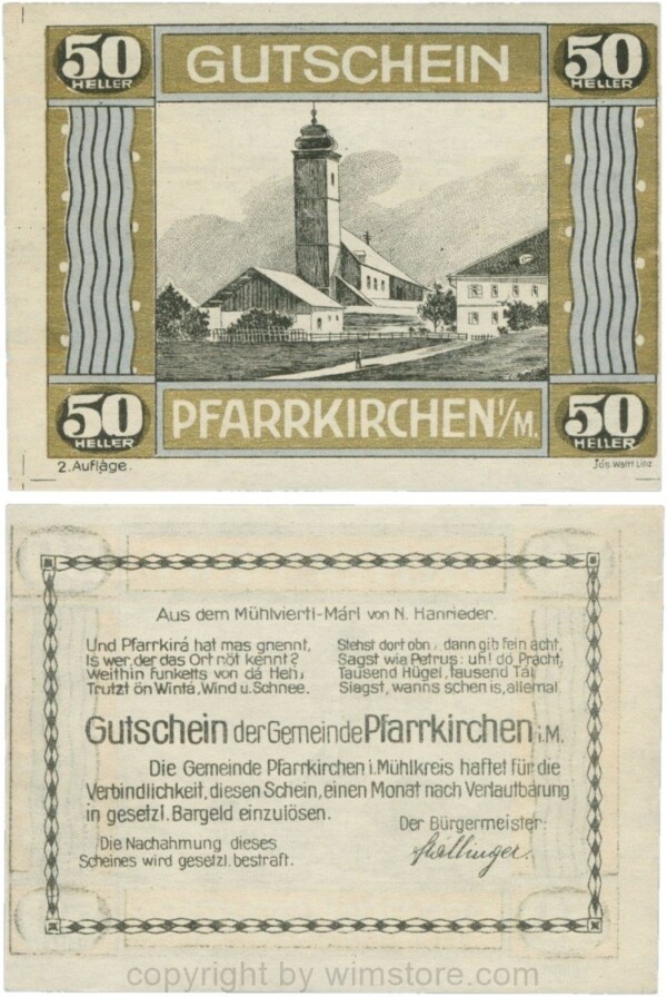Pfarrkirchen im Mühlkreis, S744.7d, 50 Heller, 2. Auflage, Rahmen gold/blau; 1-