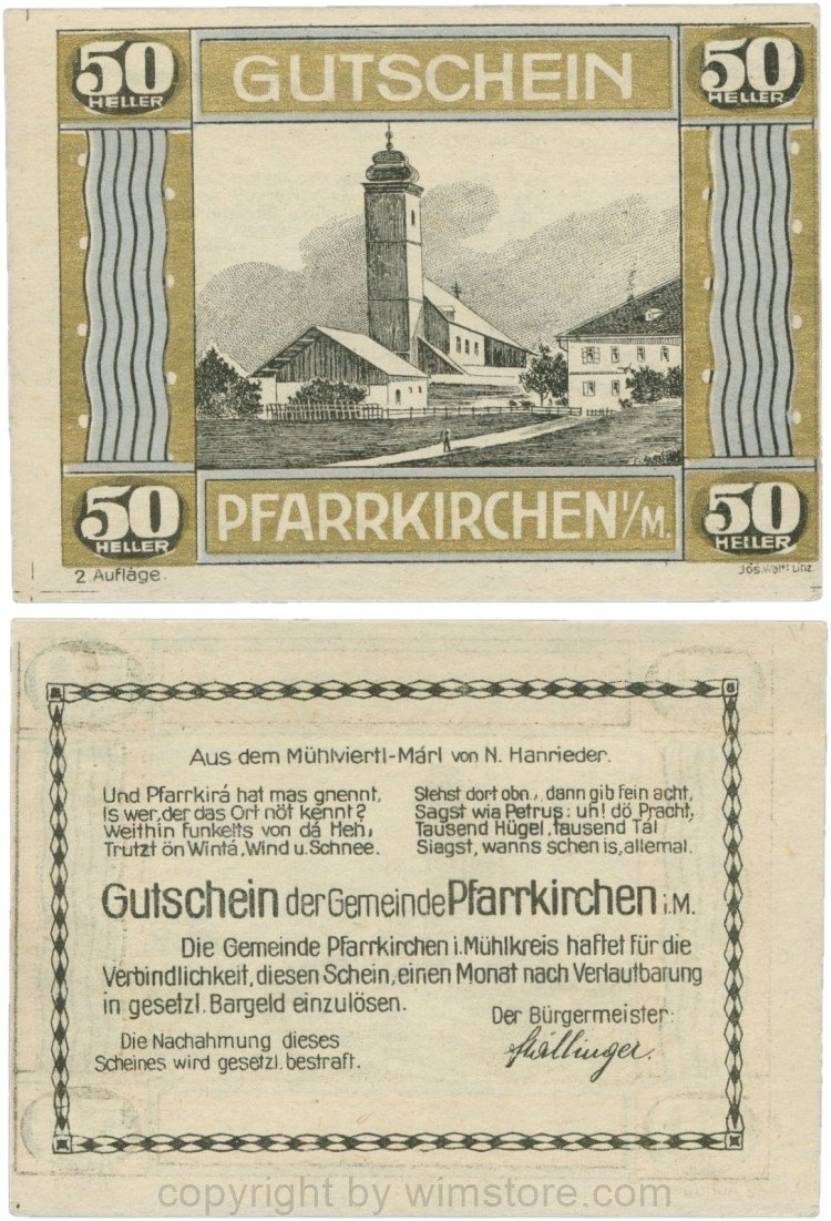 Pfarrkirchen im Mühlkreis, S744.7d, 50 Heller, 2. Auflage, Rahmen gold/blau; 1-