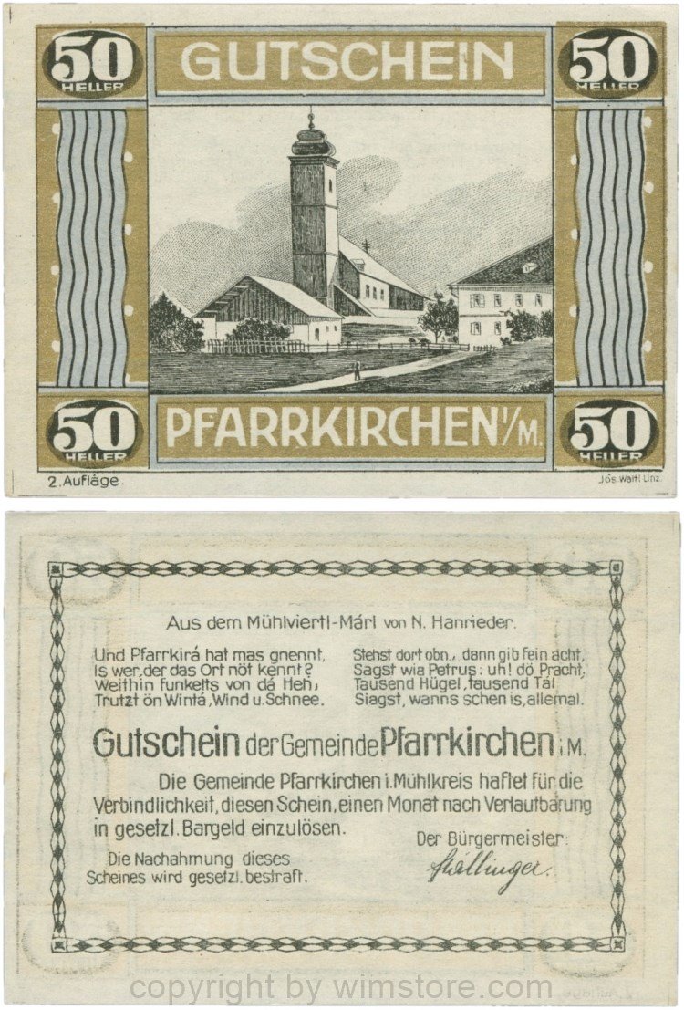 Pfarrkirchen im Mühlkreis, S744.7d, 50 Heller, 2. Auflage, Rahmen gold/blau; 1-