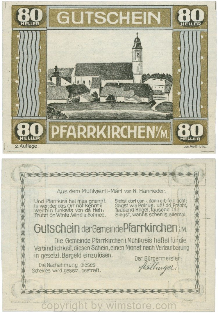 Pfarrkirchen im Mühlkreis, S744.7d, 80 Heller, 2. Auflage, Rahmen gold/blau; 1