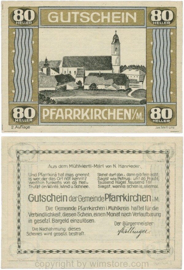 Pfarrkirchen im Mühlkreis, S744.7d, 80 Heller, 2. Auflage, Rahmen gold/blau; 1