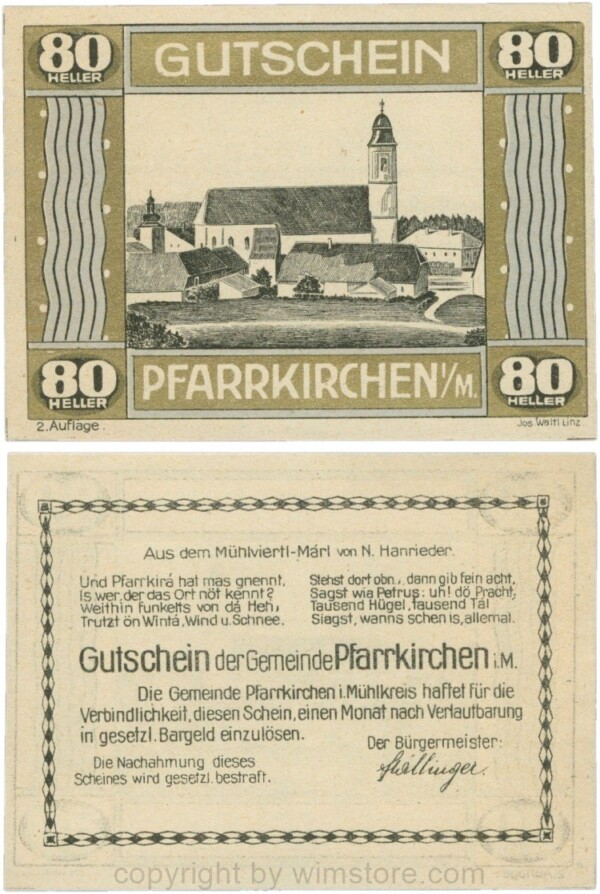 Pfarrkirchen im Mühlkreis, S744.7d, 80 Heller, 2. Auflage, Rahmen gold/blau; 1