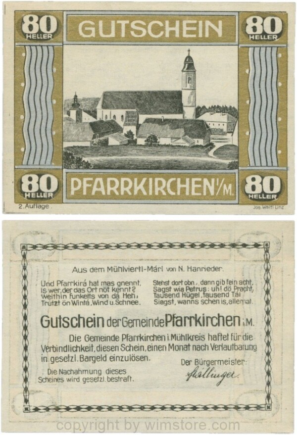 Pfarrkirchen im Mühlkreis, S744.7d, 80 Heller, 2. Auflage, Rahmen gold/blau; 1