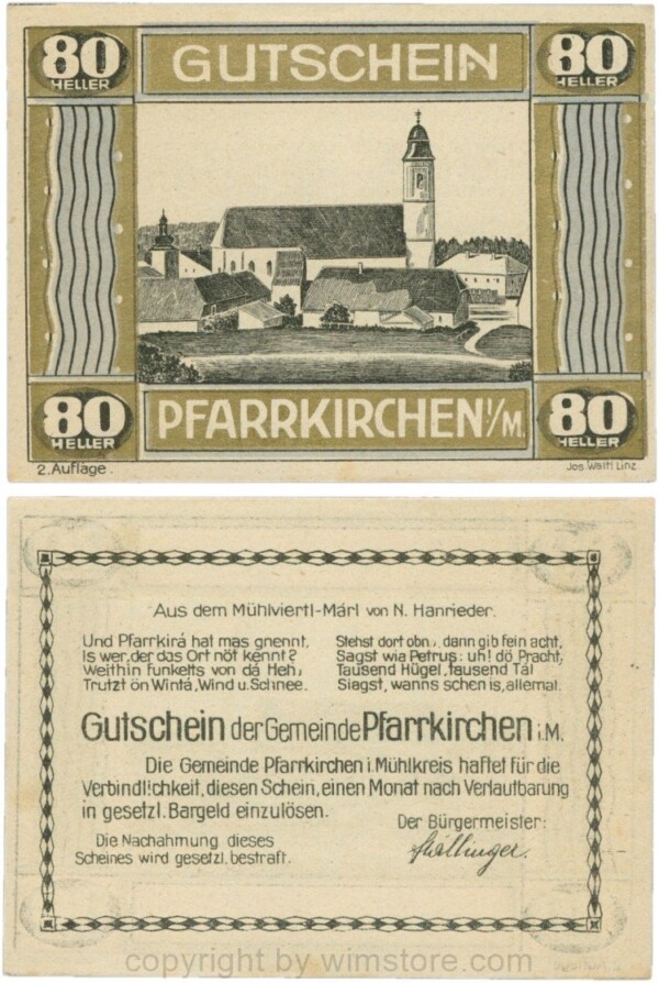 Pfarrkirchen im Mühlkreis, S744.7d, 80 Heller, 2. Auflage, Rahmen gold/blau; 1-