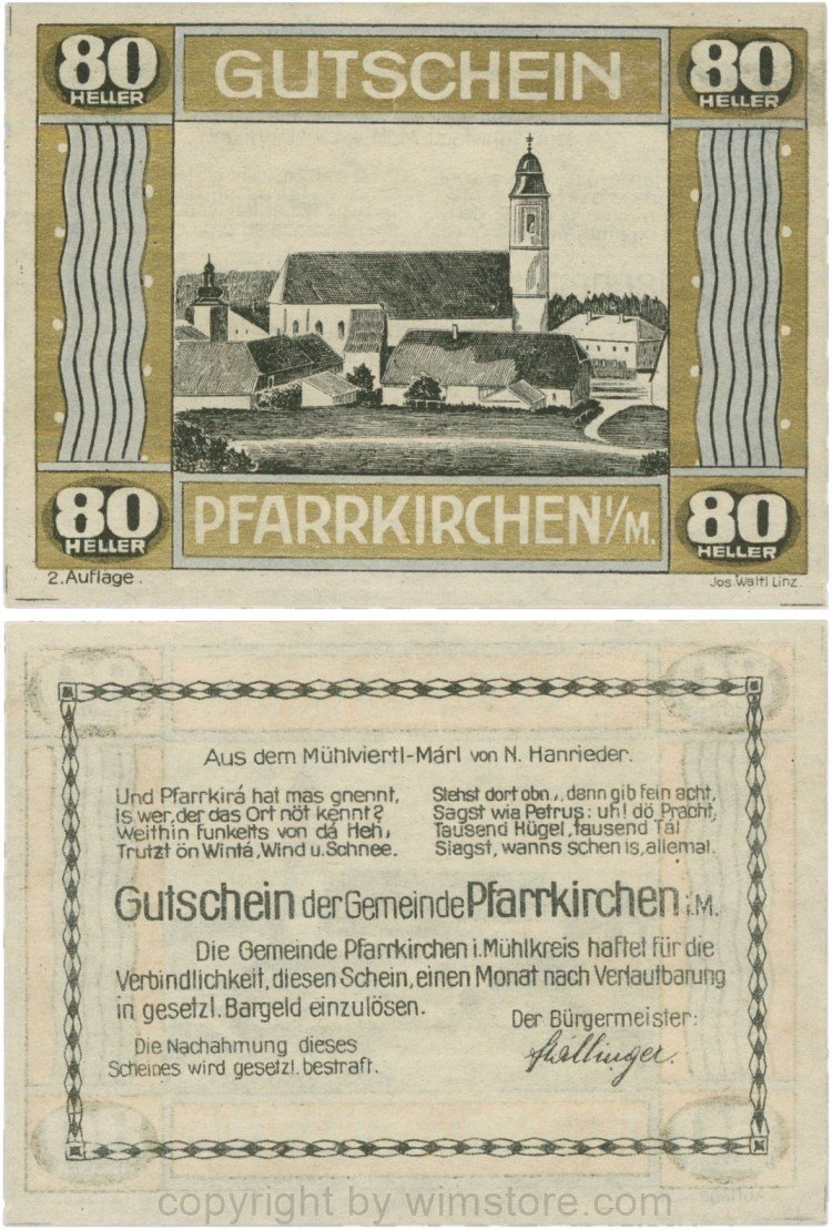 Pfarrkirchen im Mühlkreis, S744.7d, 80 Heller, 2. Auflage, Rahmen gold/blau; 1-