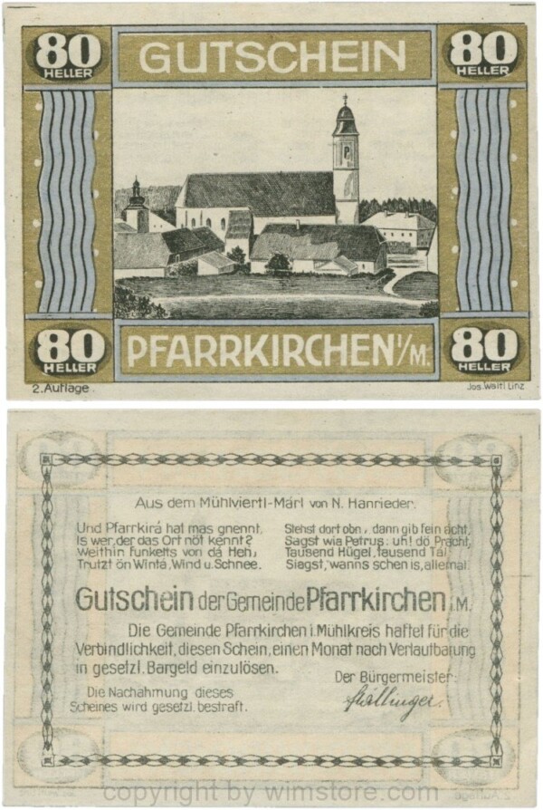 Pfarrkirchen im Mühlkreis, S744.7d, 80 Heller, 2. Auflage, Rahmen gold/blau; 1-
