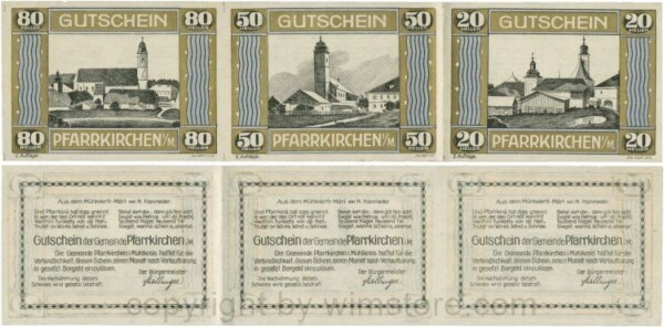 Pfarrkirchen im Mühlkreis, S744.7d, Streifen 80, 50 und 20 Heller, 2. Auflage, Rahmen gold/blau; 1-