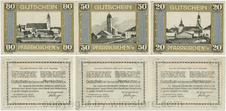 Pfarrkirchen im Mühlkreis, S744.7d, Streifen 80, 50 und 20 Heller, 2. Auflage, Rahmen gold/blau; 1-