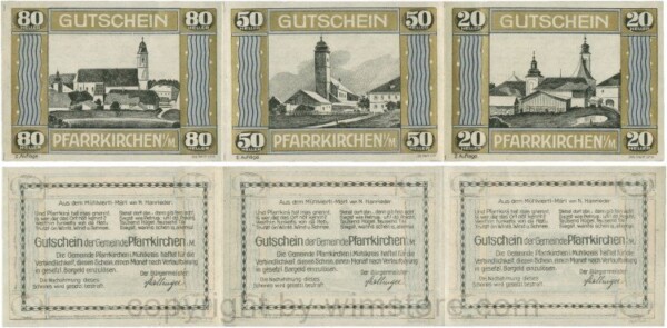 Pfarrkirchen im Mühlkreis, S744.7d, Streifen 80, 50 und 20 Heller, 2. Auflage, Rahmen gold/blau; 1-