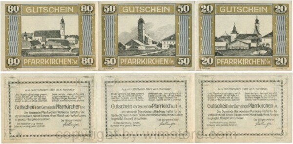 Pfarrkirchen im Mühlkreis, S744.7d, Streifen 80, 50 und 20 Heller, 2. Auflage, Rahmen gold/blau; 1-