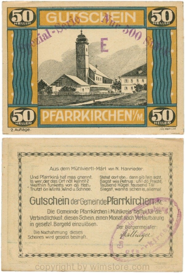 Pfarrkirchen im Mühlkreis, S744.7a, 50 Heller, 2. Auflage, Papier gelblich, Rahmen braun/blaugrün, Aufdruck E - Spezial-Serie Nur 500 Stück, mit Gemeindestempel; 1-
