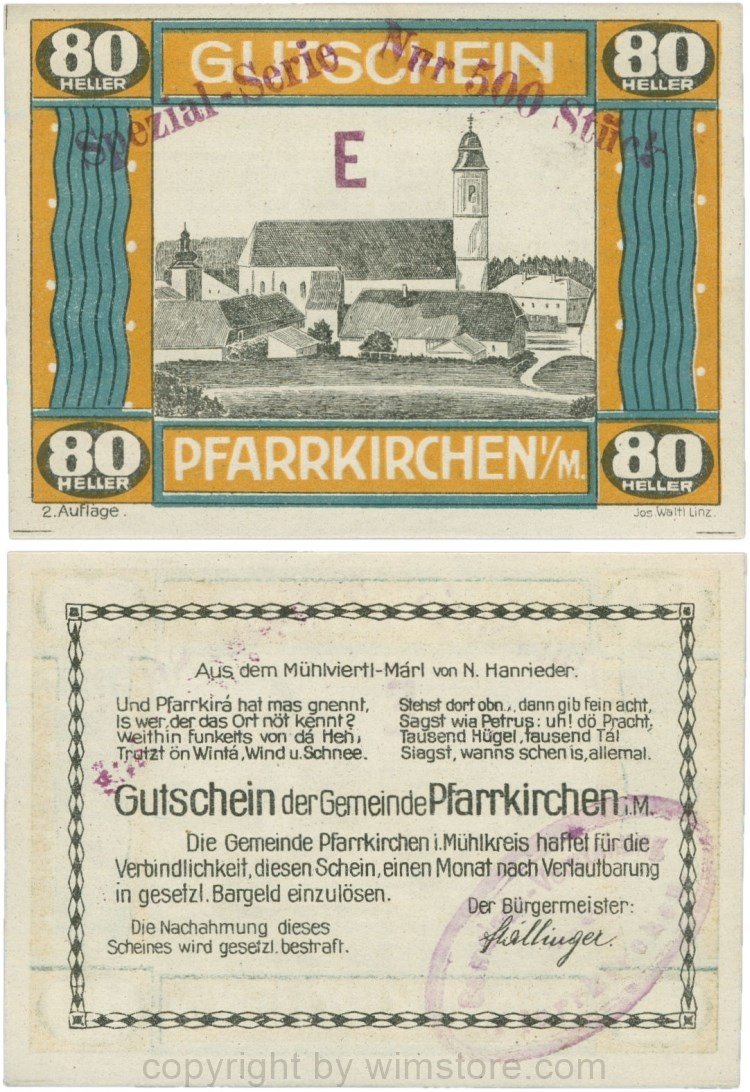 Pfarrkirchen im Mühlkreis, S744.7a, 80 Heller, 2. Auflage, Papier weiss, Rahmen braun/blaugrün, Aufdruck E - Spezial-Serie Nur 500 Stück, mit Gemeindestempel; 1