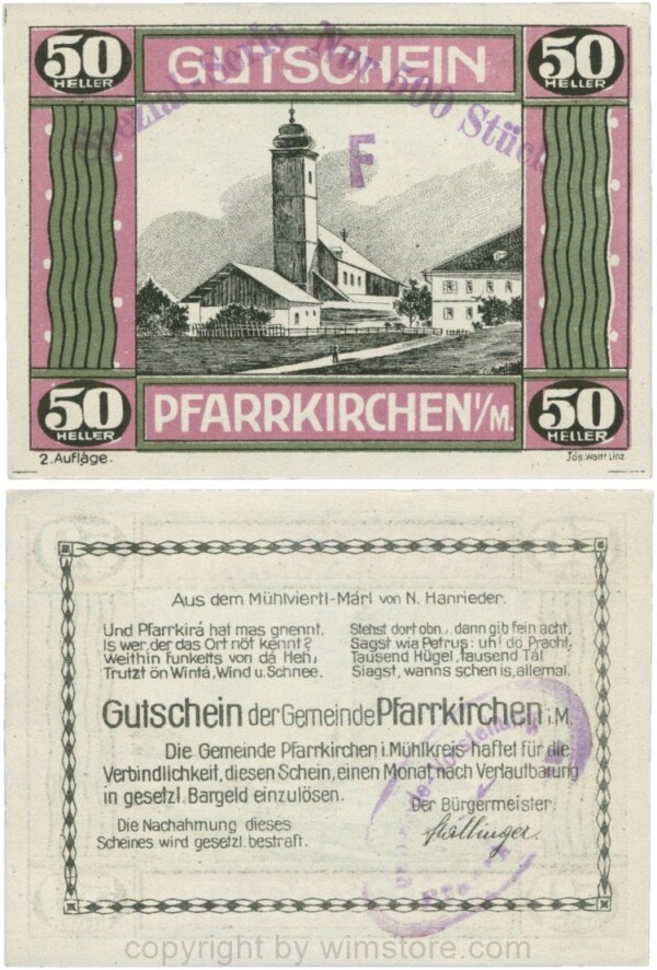 vn101344 Pfarrkirchen im Mühlkreis, S744.7b, 50 Heller, 2. Auflage, Papier weiss, Rahmen weinrot/grün, Aufdruck F - Spezial-Serie Nur 500 Stück, mit Gemeindestempel; 1