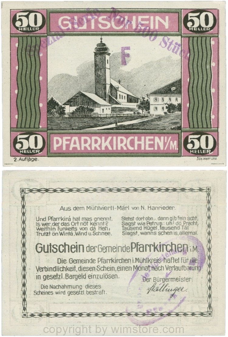 Pfarrkirchen im Mühlkreis, S744.7b, 50 Heller, 2. Auflage, Papier weiss, Rahmen weinrot/grün, Aufdruck F - Spezial-Serie Nur 500 Stück, mit Gemeindestempel; 1