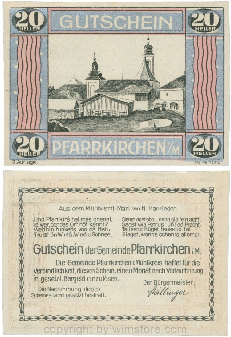 Pfarrkirchen im Mühlkreis, S744.7e, 20 Heller, 2. Auflage, Rahmen silber/weinrot; 1