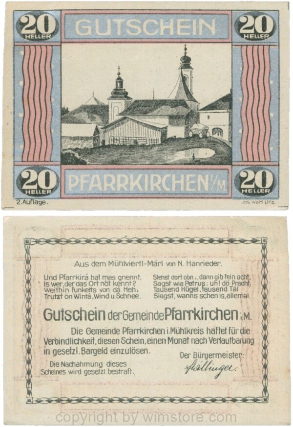 Pfarrkirchen im Mühlkreis, S744.7e, 20 Heller, 2. Auflage, Rahmen silber/weinrot; 1-