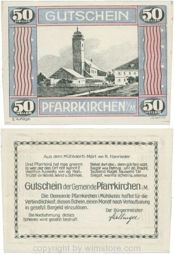 Pfarrkirchen im Mühlkreis, S744.7e, 50 Heller, 2. Auflage, Rahmen silber/weinrot; 1