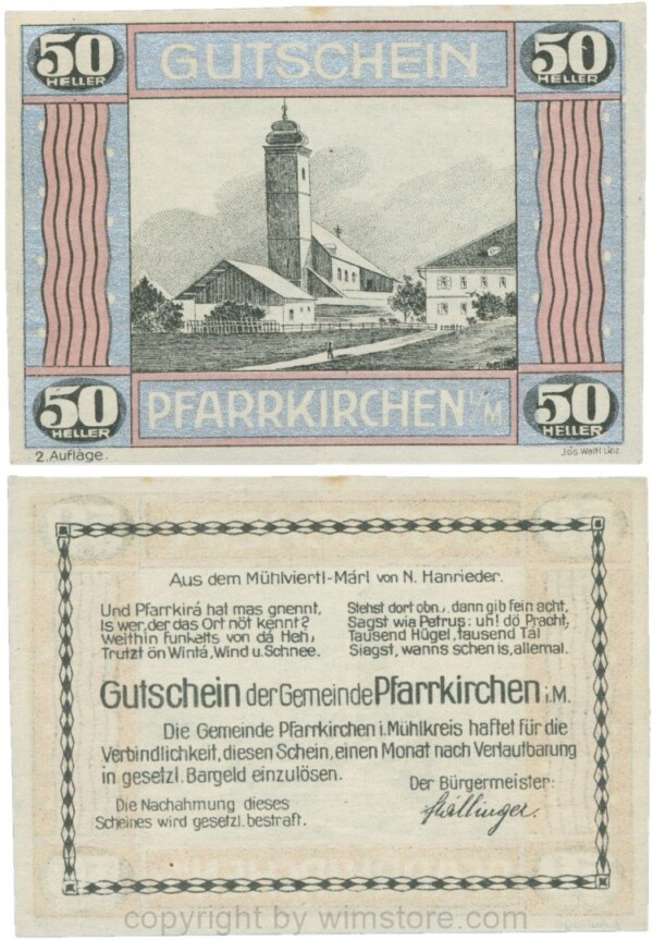 Pfarrkirchen im Mühlkreis, S744.7e, 50 Heller, 2. Auflage, Rahmen silber/weinrot; 1-, Stockflecke