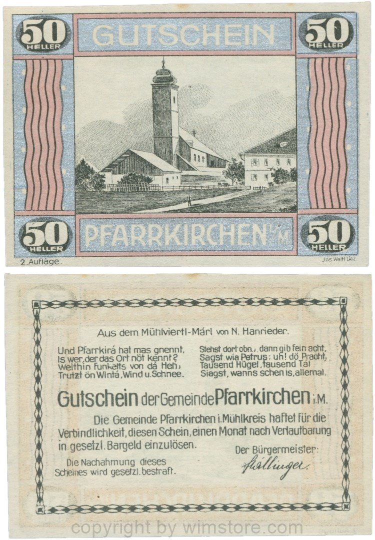 Pfarrkirchen im Mühlkreis, S744.7e, 50 Heller, 2. Auflage, Rahmen silber/weinrot; 1-, Stockflecke