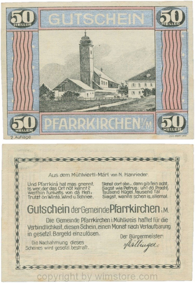 Pfarrkirchen im Mühlkreis, S744.7e, 50 Heller, 2. Auflage, Rahmen silber/weinrot; 1-, Stockflecke