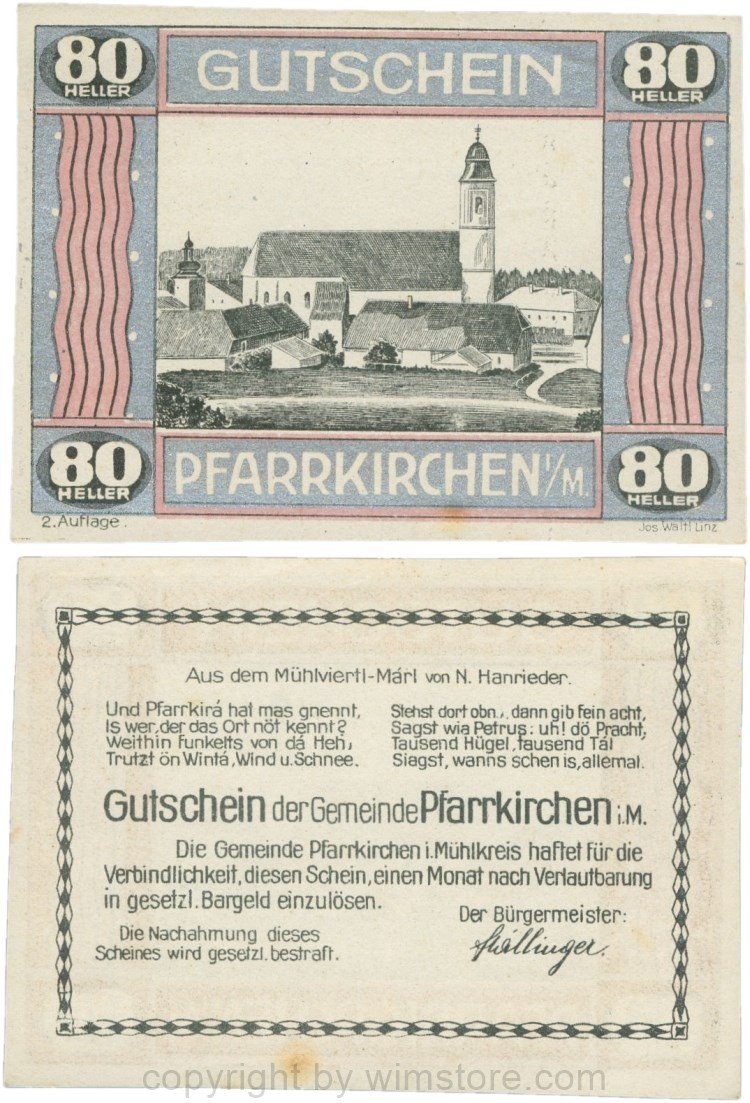 Pfarrkirchen im Mühlkreis, S744.7e, 80 Heller, 2. Auflage, Rahmen silber/weinrot; 1-, Stockflecke