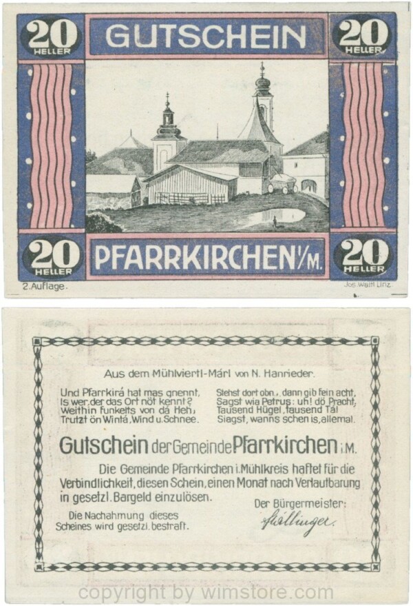 Pfarrkirchen im Mühlkreis, S744.7f, 20 Heller, 2. Auflage, Rahmen stahlblau/weinrot; 1