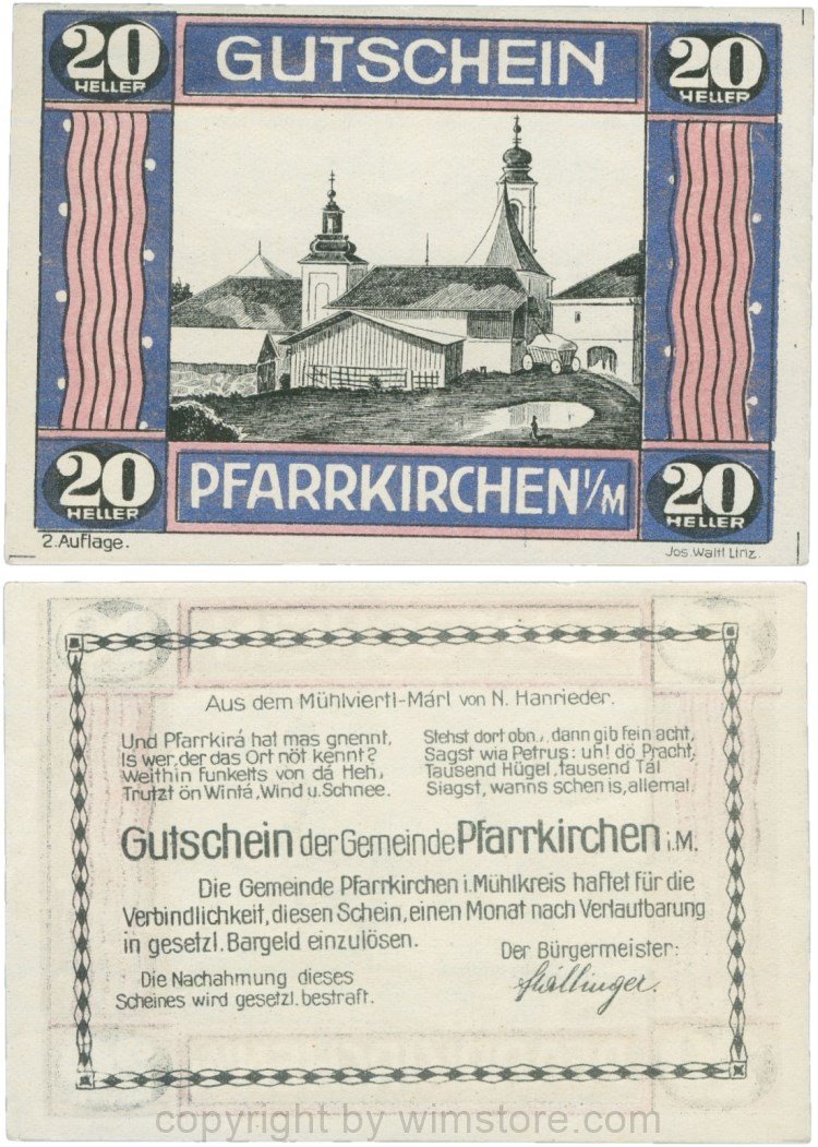 Pfarrkirchen im Mühlkreis, S744.7f, 20 Heller, 2. Auflage, Rahmen stahlblau/weinrot; 1