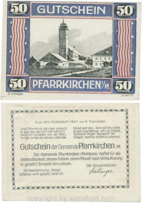 Pfarrkirchen im Mühlkreis, S744.7f, 50 Heller, 2. Auflage, Rahmen stahlblau/weinrot; 1