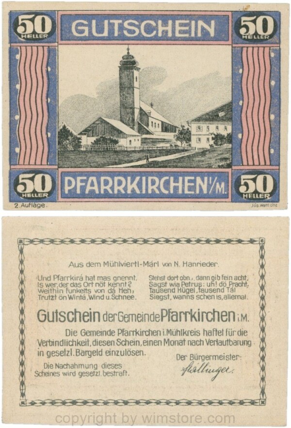 Pfarrkirchen im Mühlkreis, S744.7f, 50 Heller, 2. Auflage, Rahmen stahlblau/weinrot; 1-