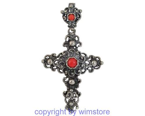 Silberanhänger, Trachtenschmuck, Kreuz, Koralle, 800er Silber