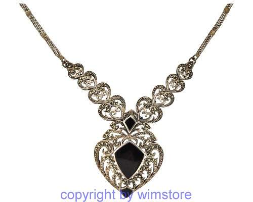 Silberkette, Trachtenschmuck, Collier, Onyx, Markasit, 925er Silber